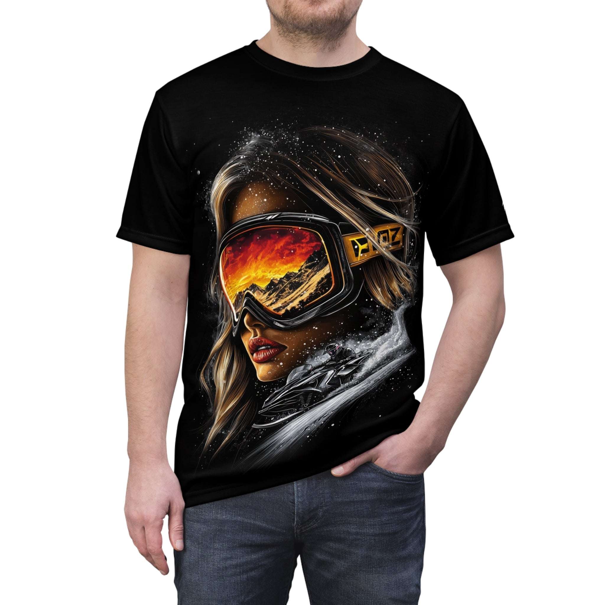 Beauty and the Beast snowmobile t-shirt, snowmobile, snow, woman, sunset