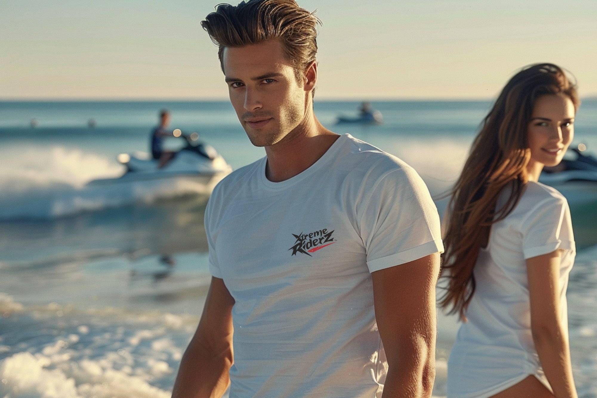 Couple on the beach wearing Xtreme Riderz watersports t-shirts featuring jet skis