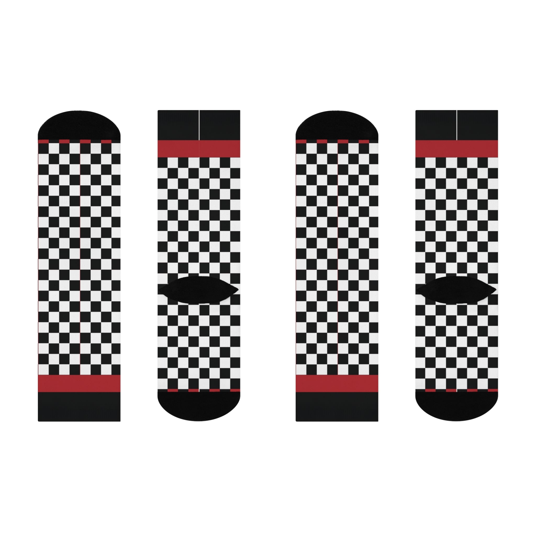 Checkered Crew Socks — Black & White Racing Pattern with Red Stripe