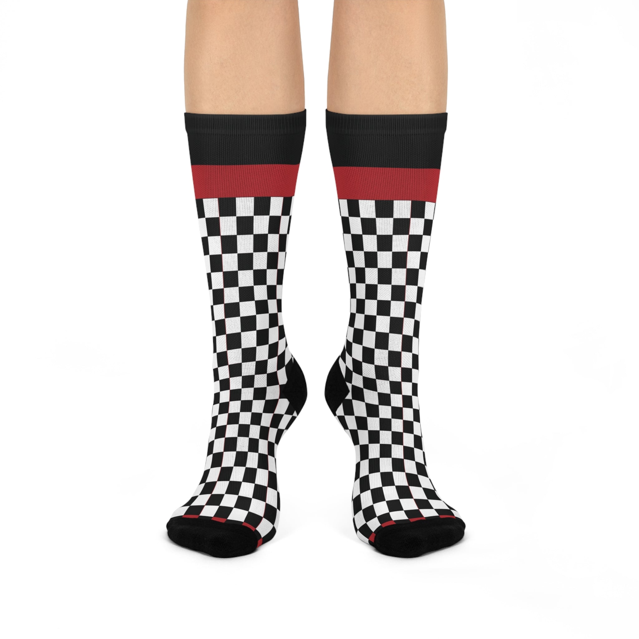 Checkered Crew Socks — Black & White Racing Pattern with Red Stripe