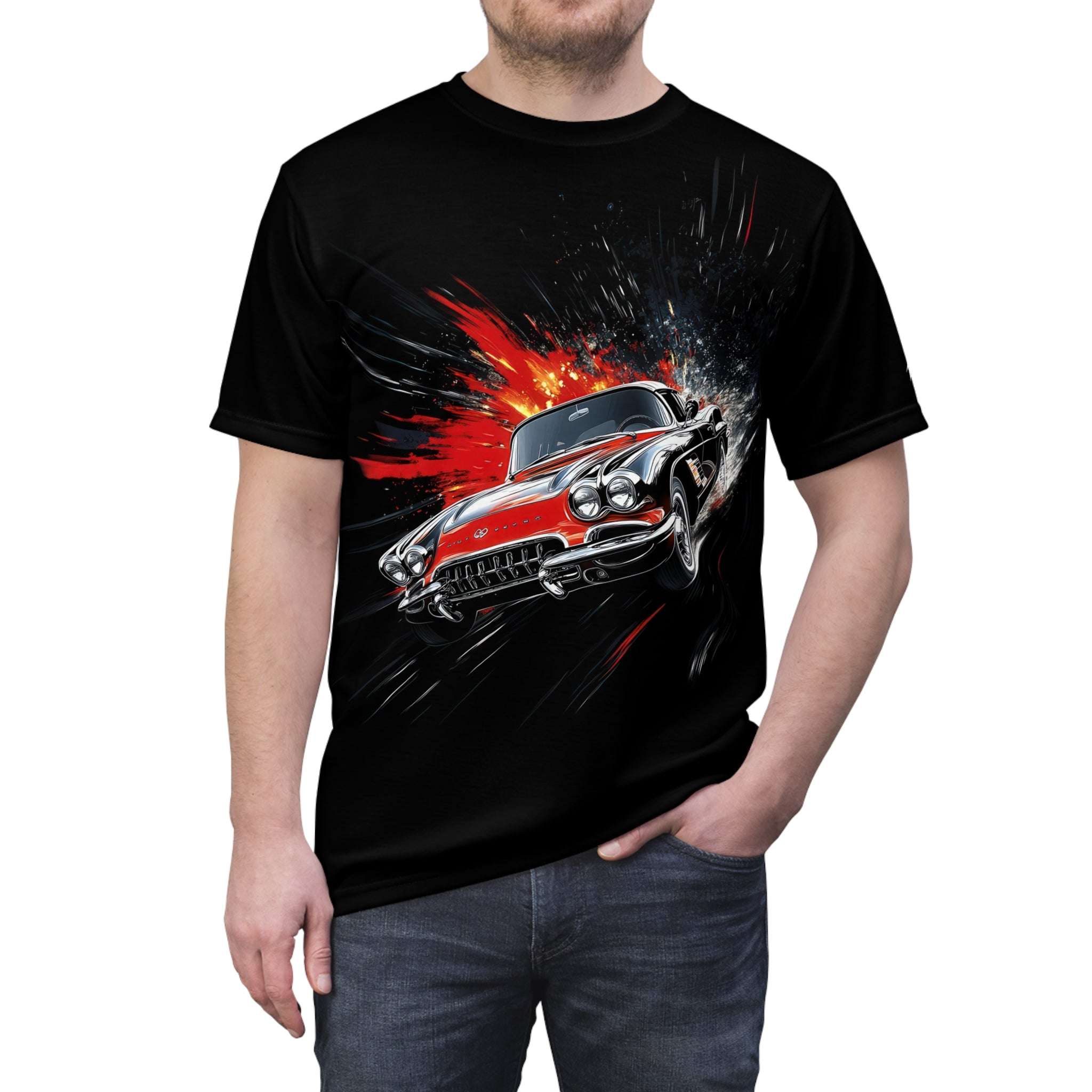 1960 Chevrolet Corvette men's t-shirt, Chevy corvette flying down the road, auto, automobile, car, muscle car
