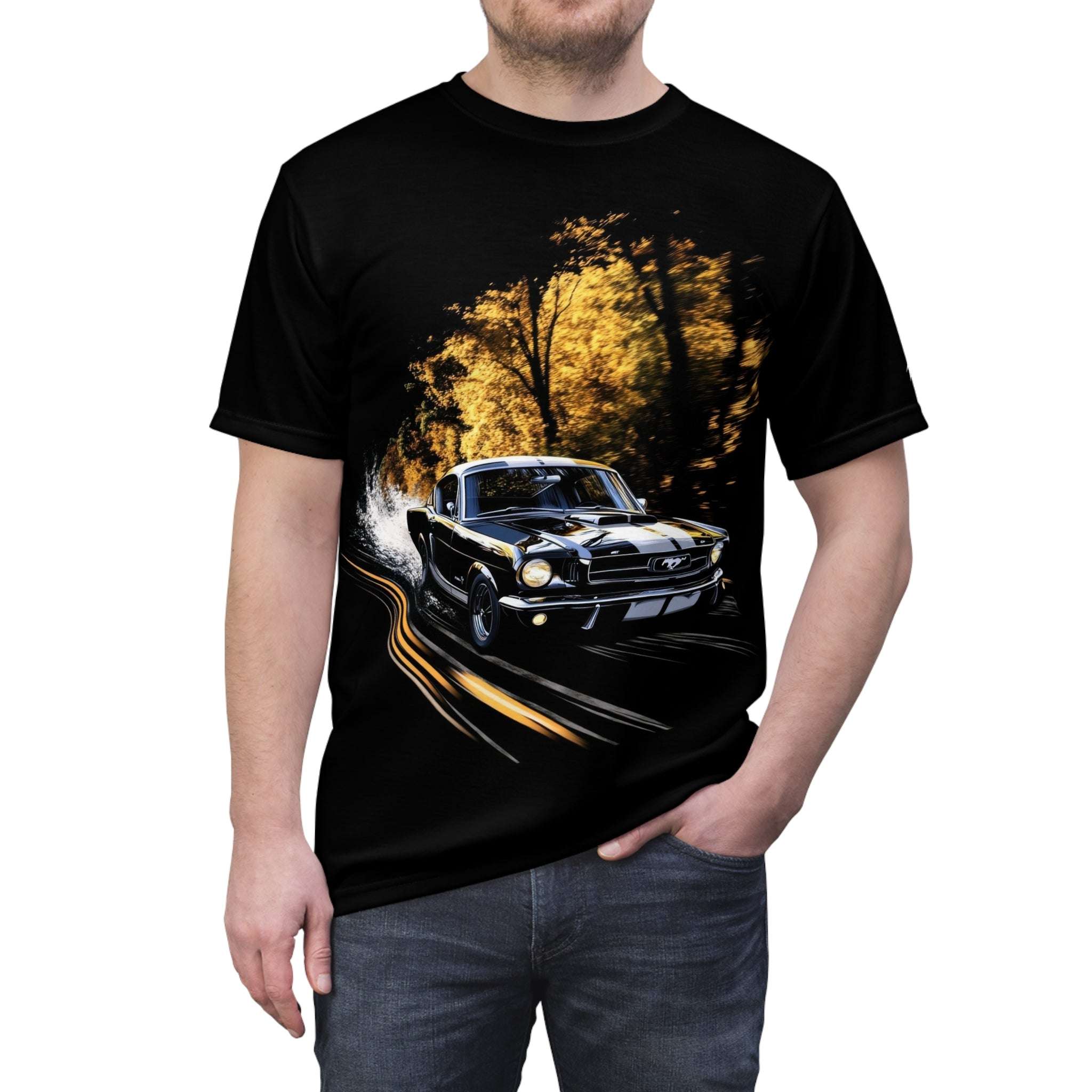 1965 Ford Mustang men's t-shirt, 1965 Ford Mustang flying down the road, muscle car