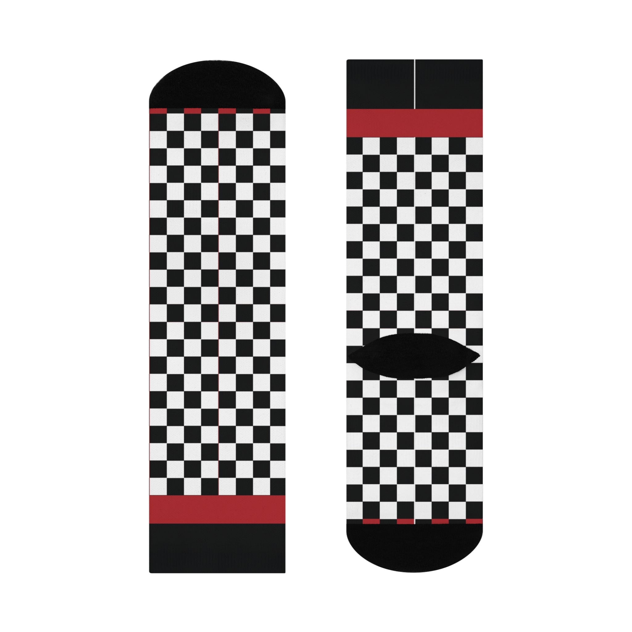 Checkered Crew Socks — Black & White Racing Pattern with Red Stripe