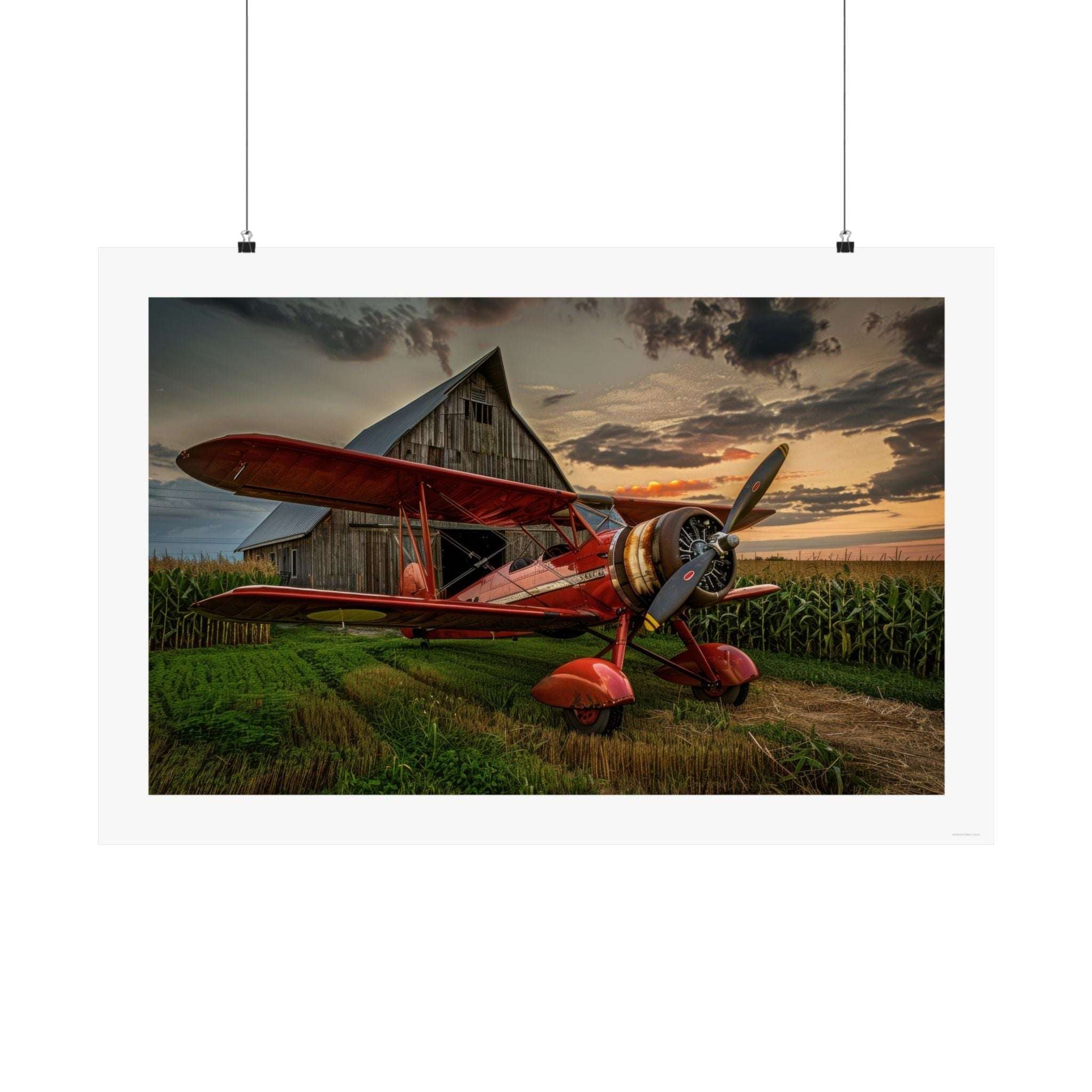 Barnstormer gallery print, poster, wall art, photo, Boeing Stearman parked outside an old barn in the midwest at sunset, cornfield, rural, country