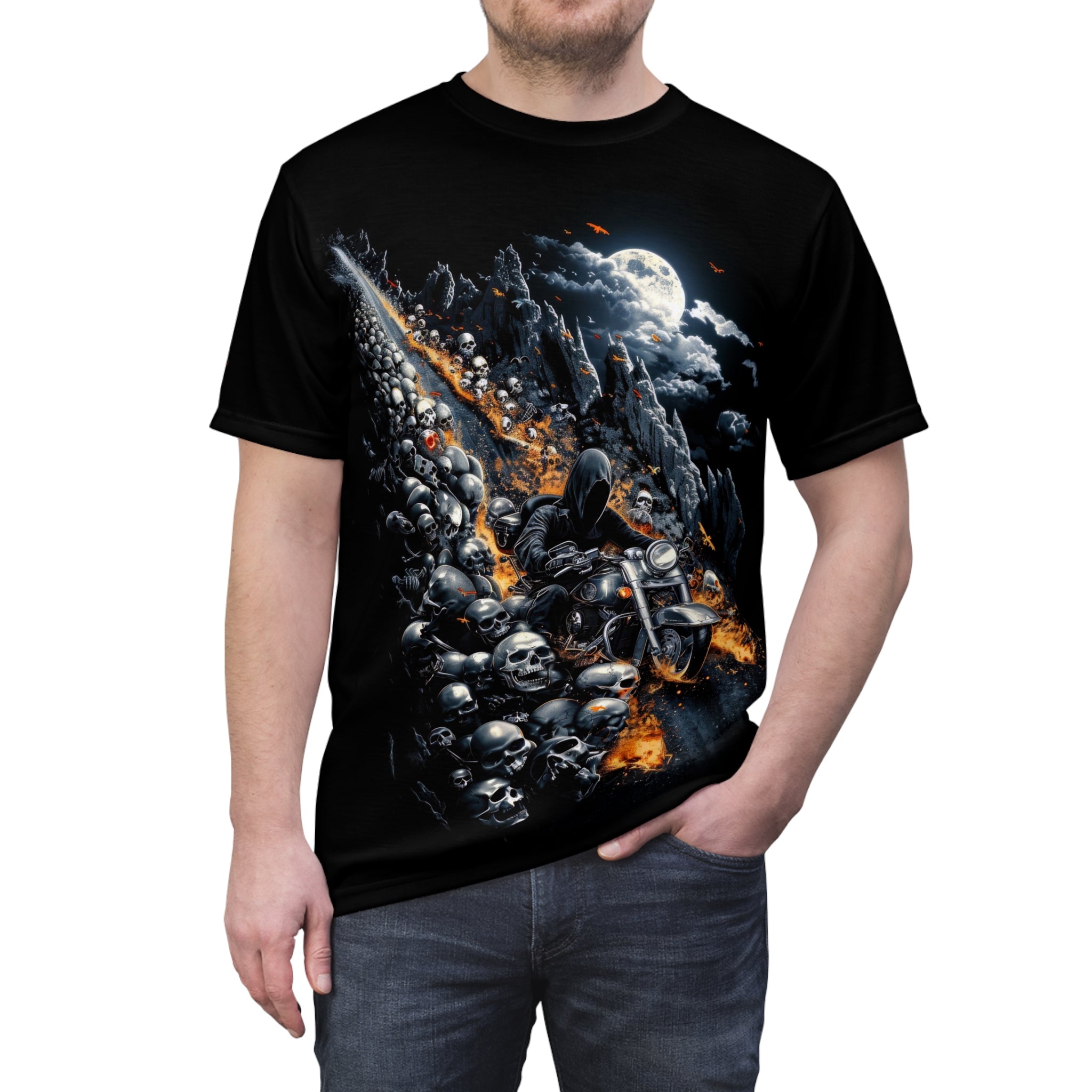 Coming Down Skull Mountain t-shirt, grim reaper, motorcycle, moon, skulls