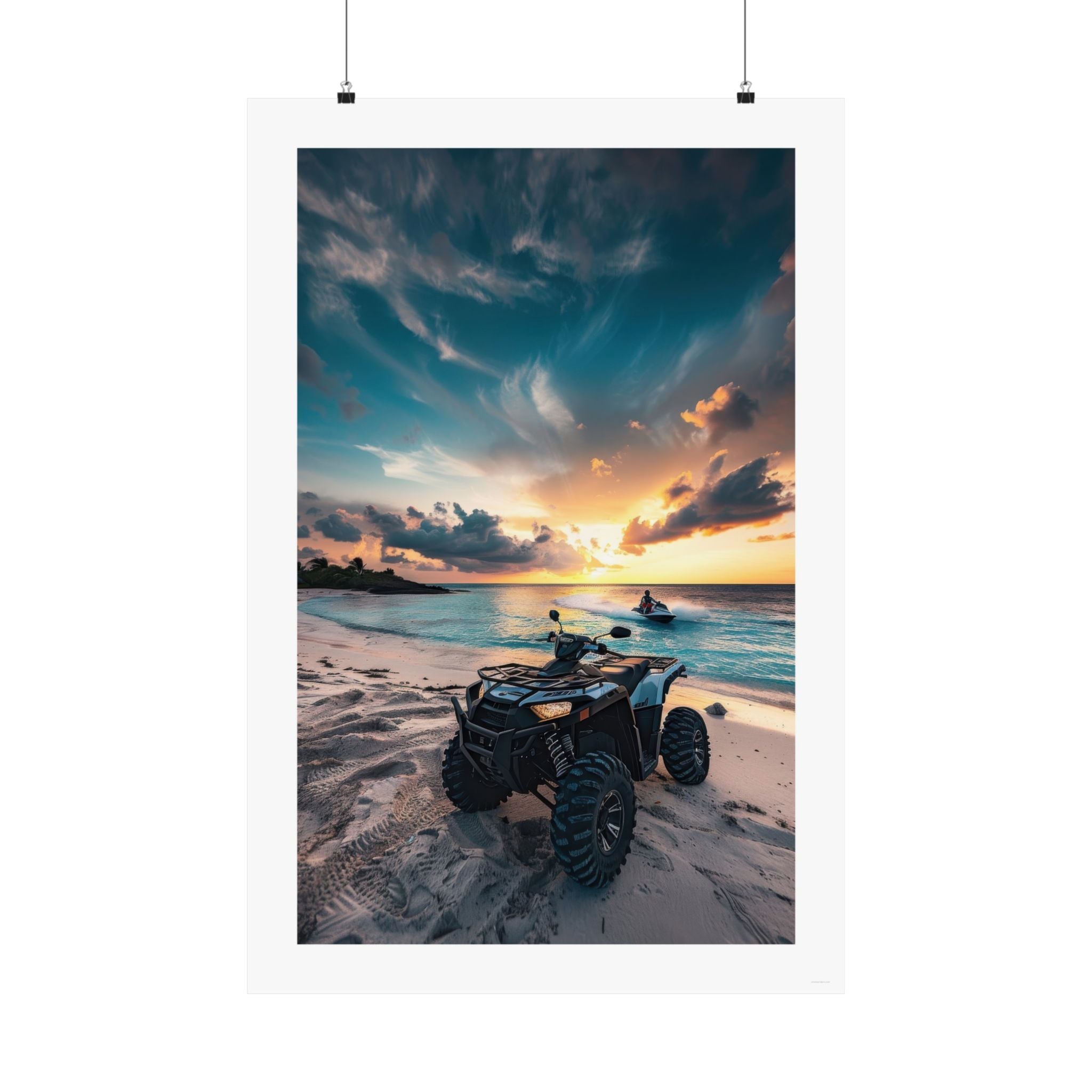 Cooling Off Gallery Print, ATV parked on the beach shore with a rider on a jet ski speeding in the background in the sunset,  photography, artwork, poster, photograph