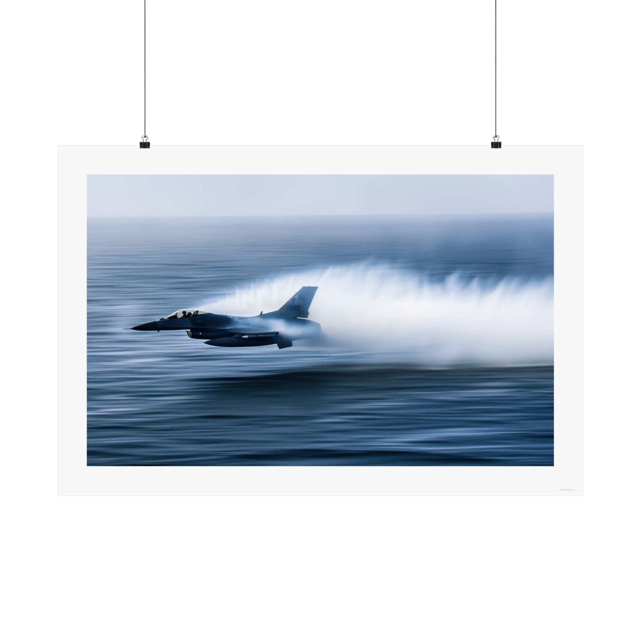 F16 Jet Skiing Gallery Print, F16 jet flying just above the ocean surface, poster, wall art, aviation