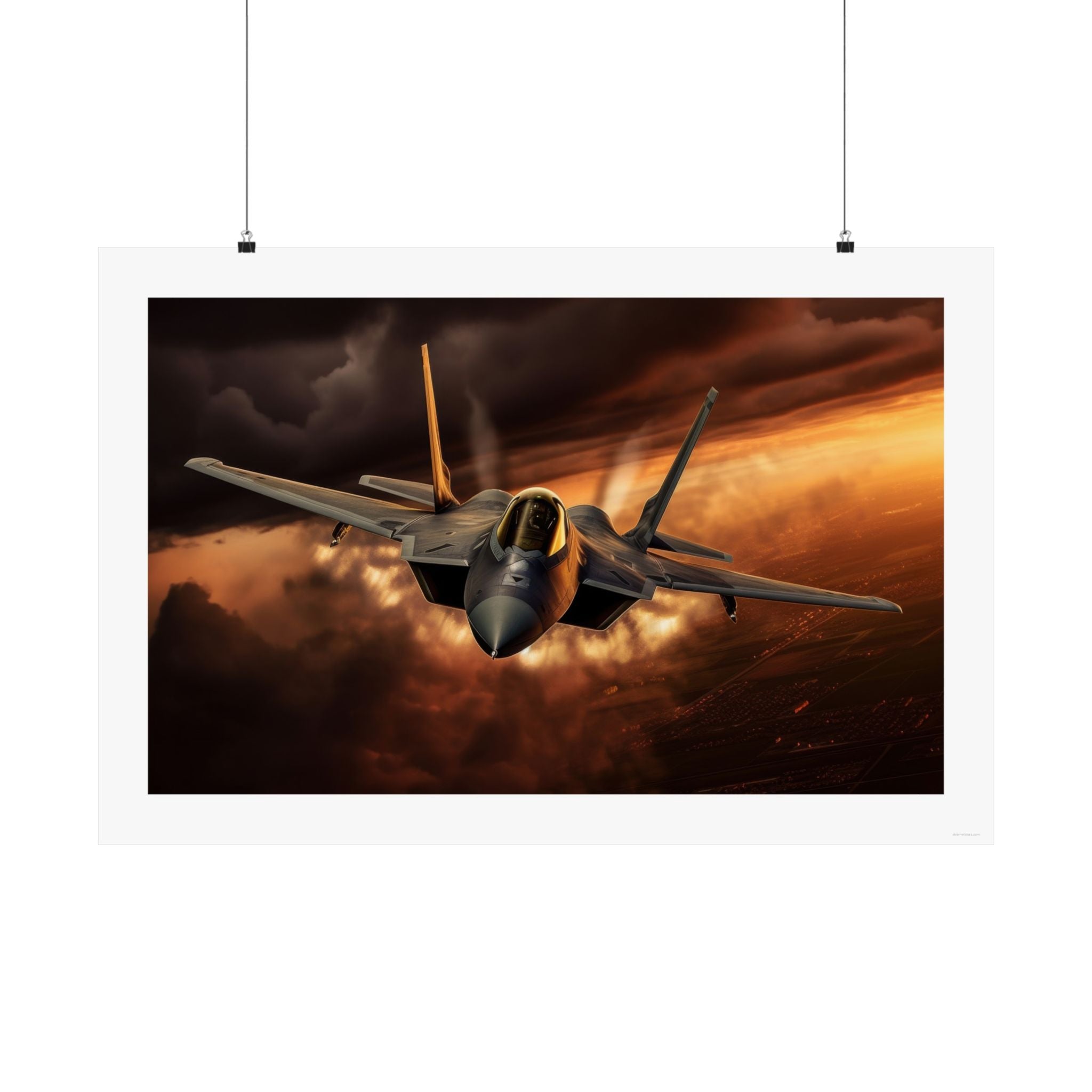 F22 Raptor Sunset Storm Gallery Print, F22 Raptor flying through the clouds with a sunset in the background, jet, aviation, poster, wall art