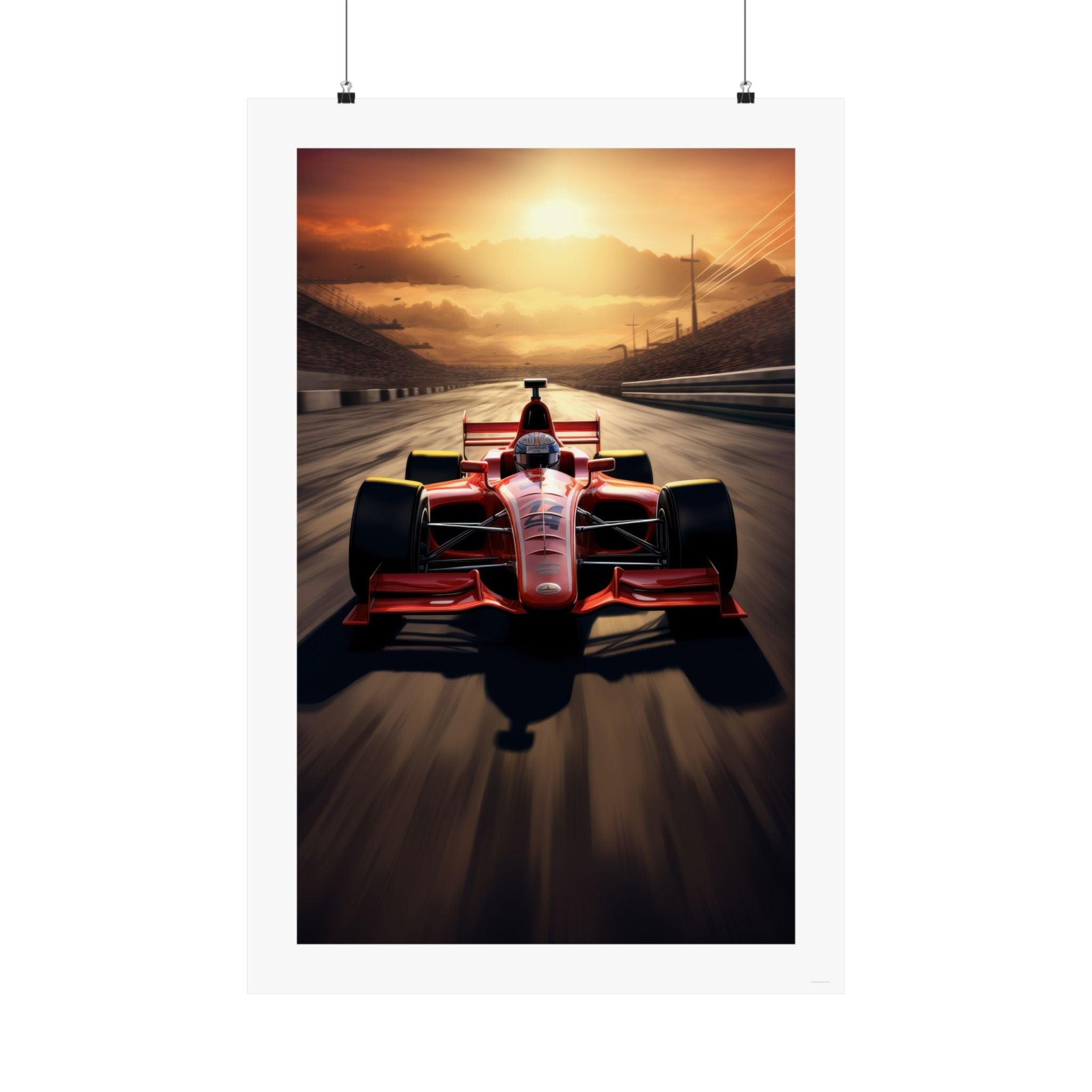 Full Front Formula Car Gallery Print, formula one car racing down the track with the sunset in the background, poster, wall art