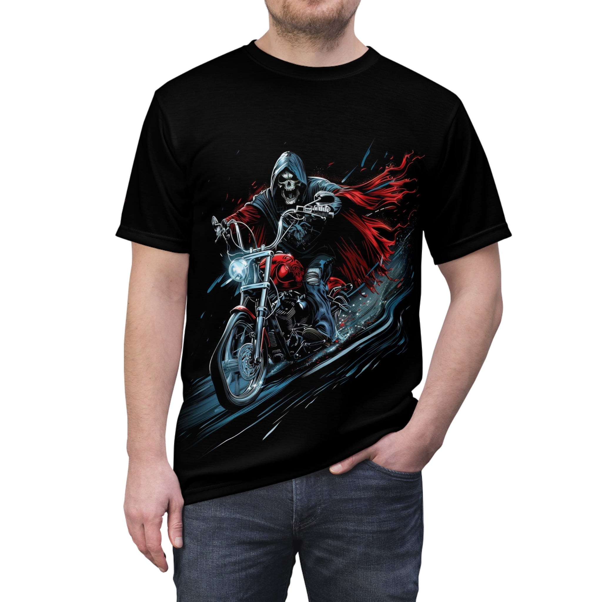 Grim Reaper in Red motorcycle t-shirt, grim reaper, motorcycle, evil