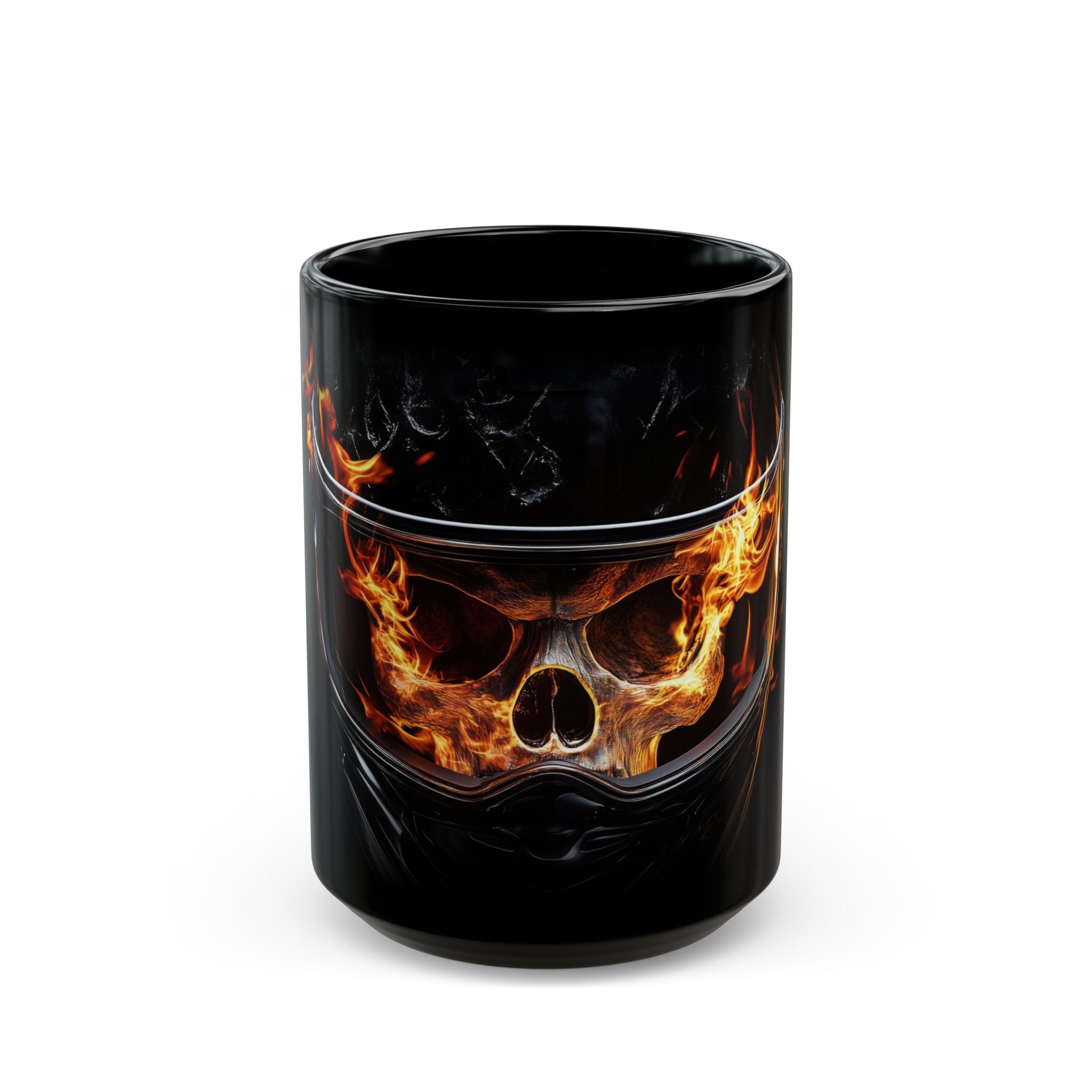 Hot Headed Black Coffee Mug, skull, motorcycle helmet, flames