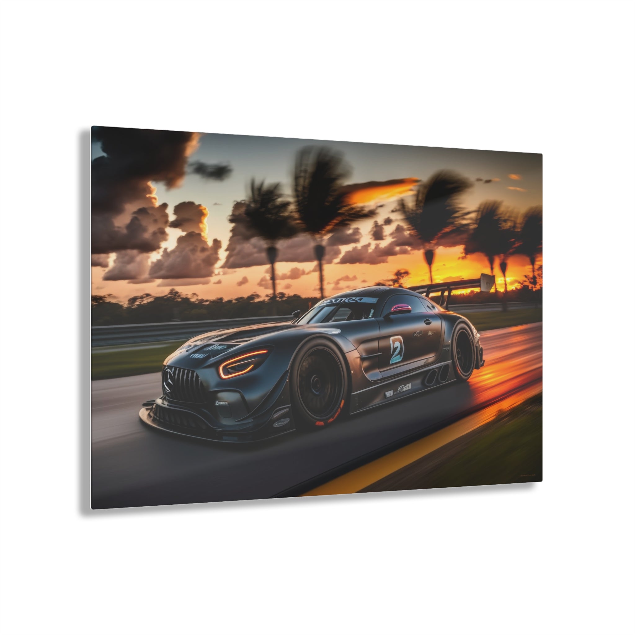 Mercedes AMT GT3 racing on the race track, sunset