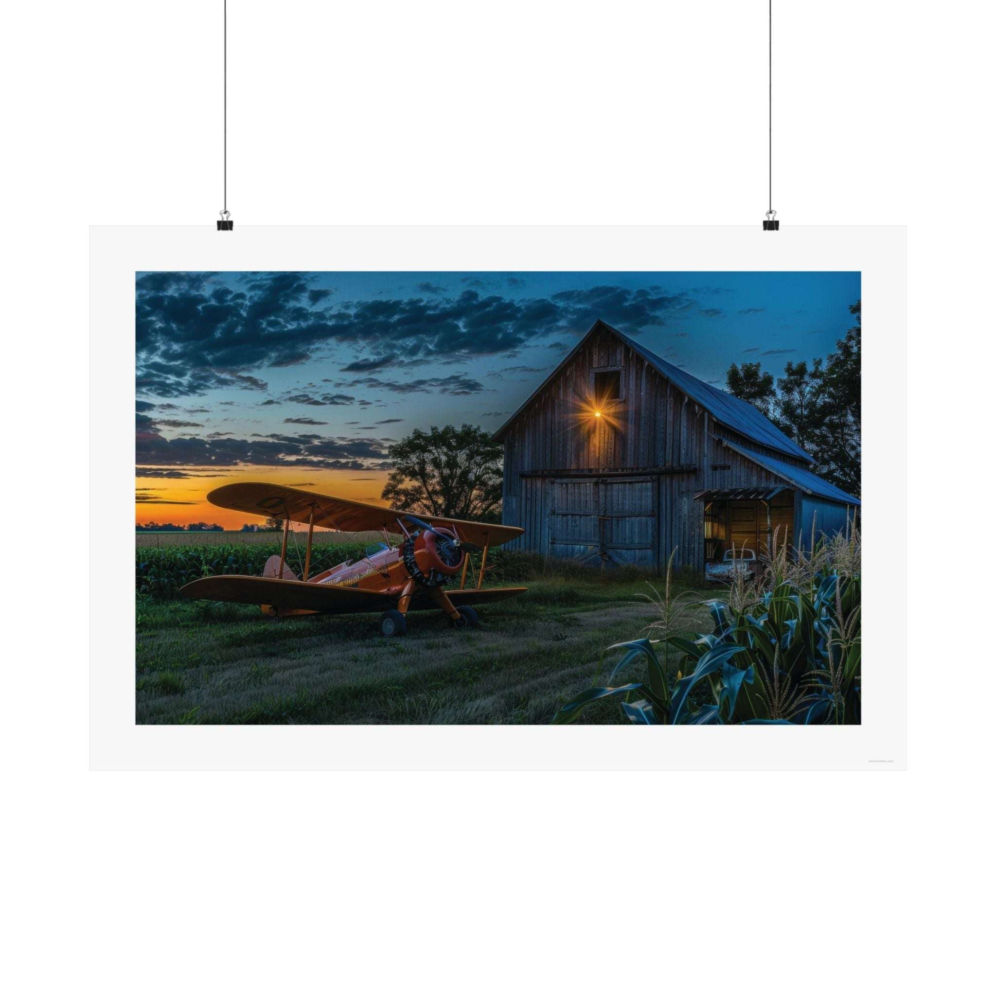 Old Boeing Stearman Gallery Print, poster, wall art, photo, old boeing stearman parked outside an old midwest barn at dusk