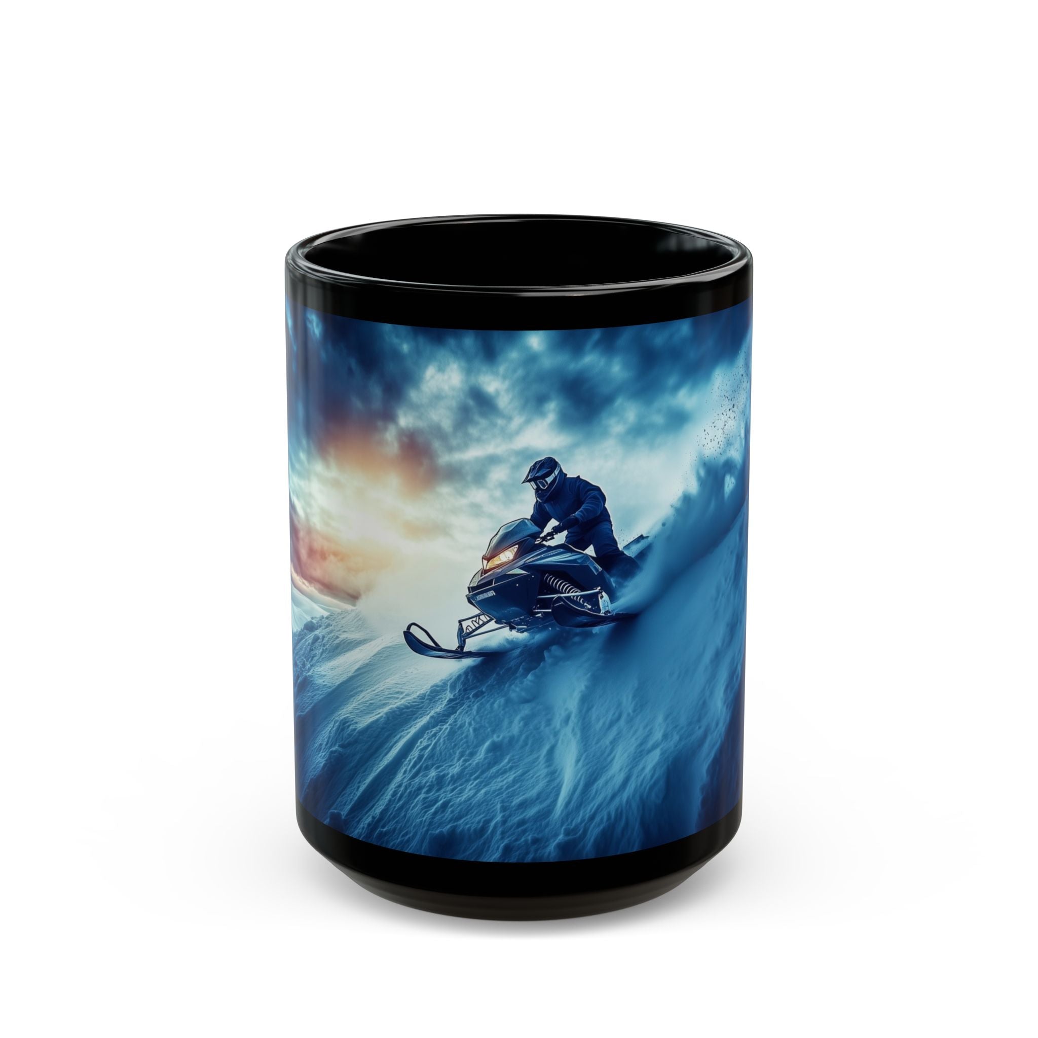 On The Edge of Sundown, coffee cup, rider on a snowmobile going down a mountain at sunset