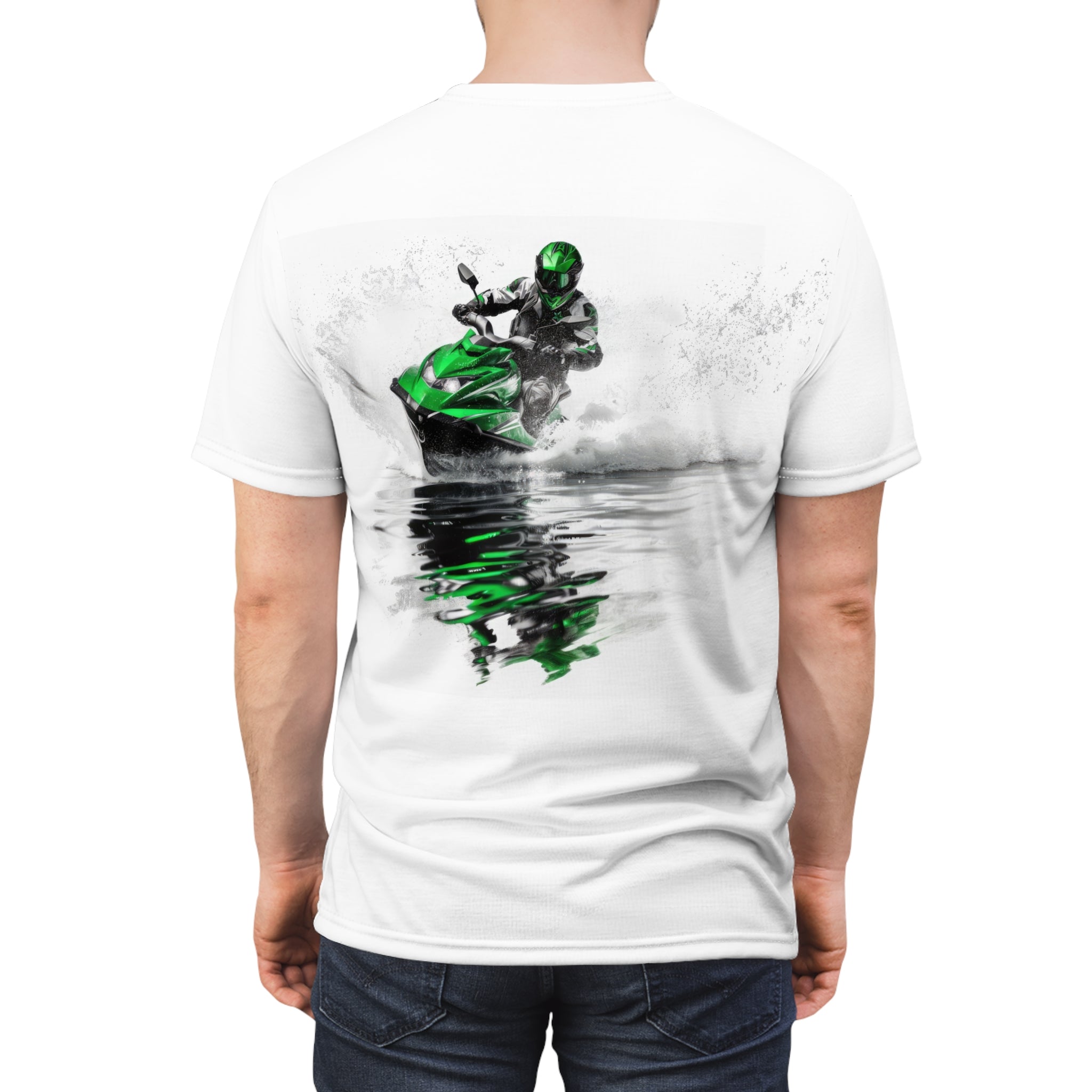 Refection in Green t-shirt - jet ski with reflection in the water