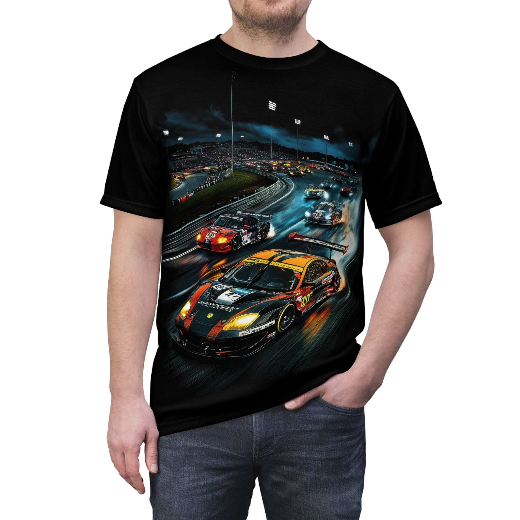 Speed of the Night Men's T-Shirt, Race cars at night flying around the race track