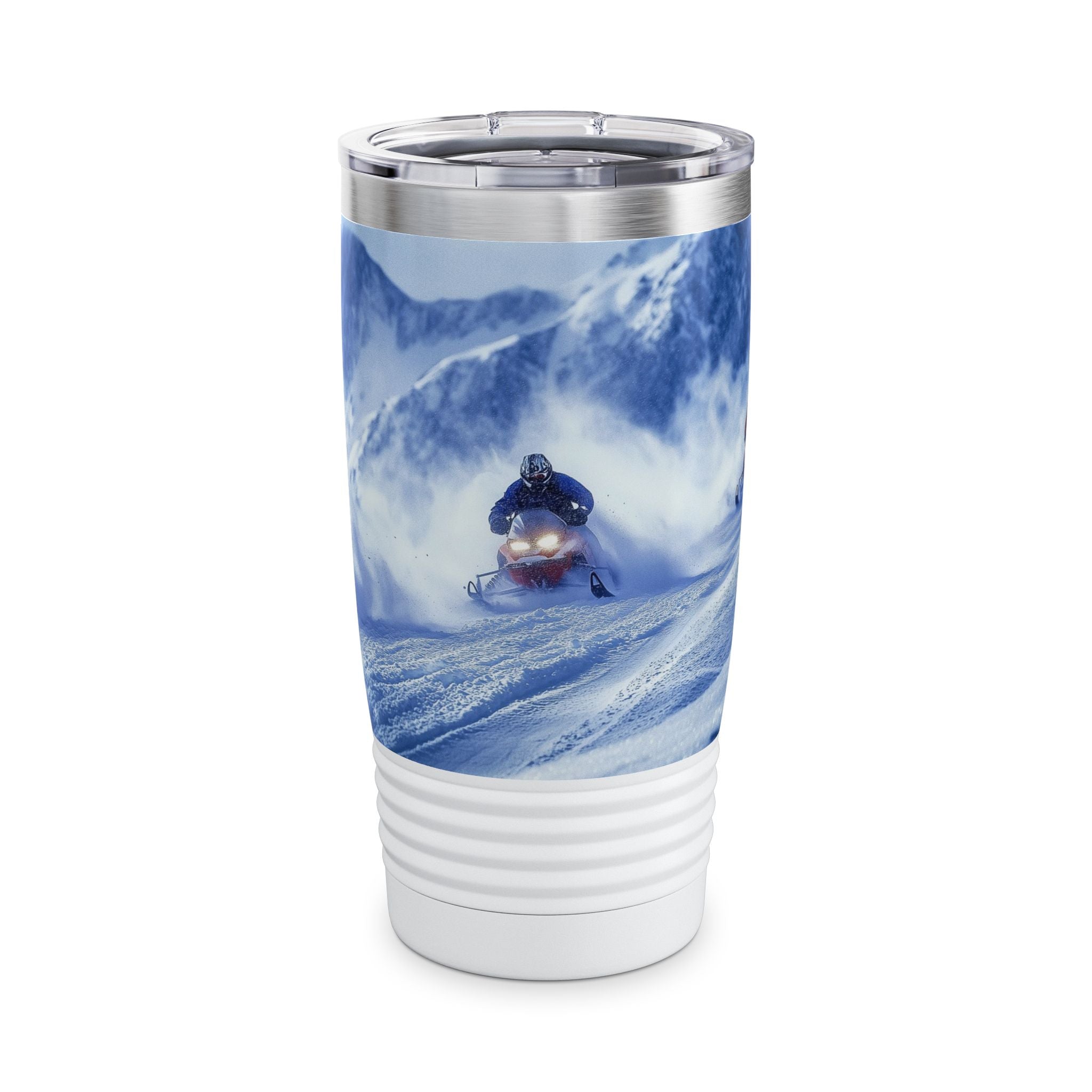 Trail Riding Tumbler, riders on snowmobiles riding down a mountain