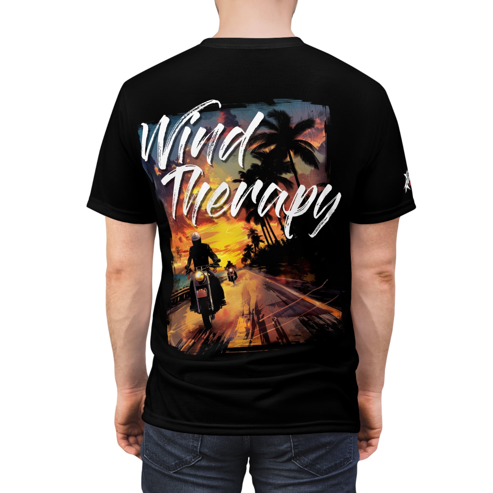 Wind Therapy motorcycle t-shirt, motorcycle, sunset, palm trees