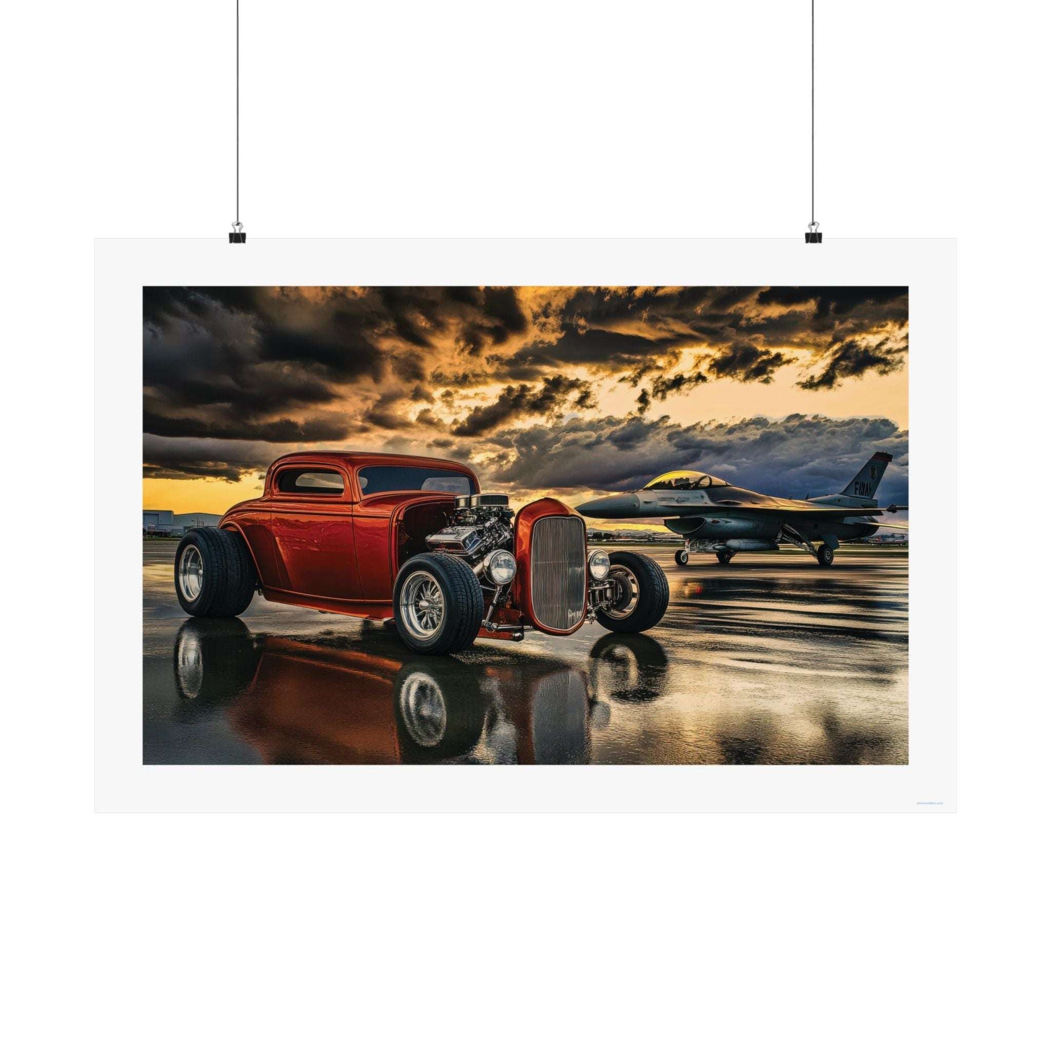 Wings & Wheels Gallery Print, poster, wall art, photo, roadster and a jet on the tarmac after sunset